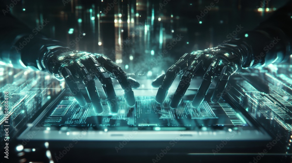 Poster human and robotic hands typing in unison on a sleek laptop, surrounded by glowing digital data repre