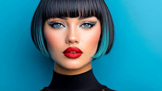 Stylish woman with bold makeup and bob hairstyle against a blue background, perfect for fashion and beauty themes