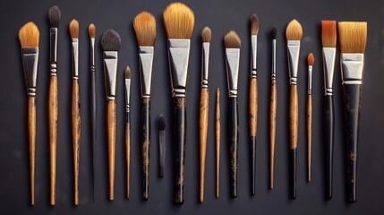 Collection of paintbrushes on dark surface.