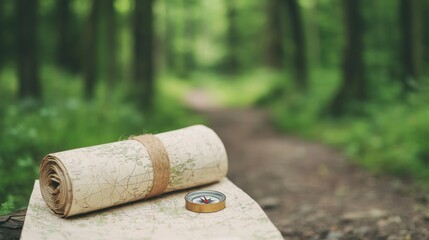 Vintage Map and Compass on Natural Pathway Surrounded by Lush Green Trees in a Serene Forest Setting Perfect for Adventures and Exploration Themes