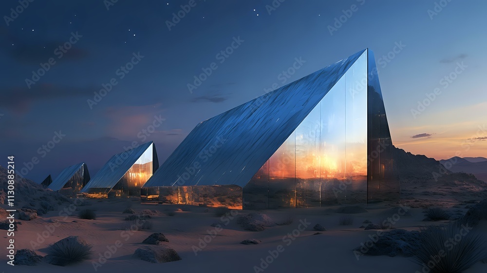Poster an innovative museum with mirrored walls and sharp angles, surrounded by desert sands under a deep i