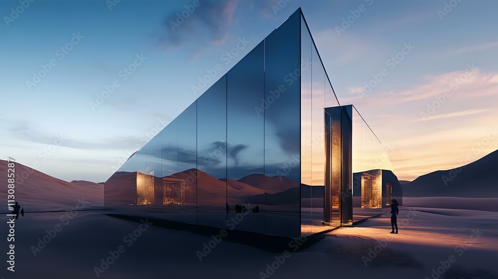 Poster an innovative museum with mirrored walls and sharp angles, surrounded by desert sands under a deep i