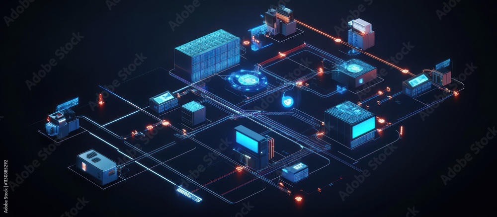 Poster futuristic network isometric illustration showing interconnected data servers and processors.