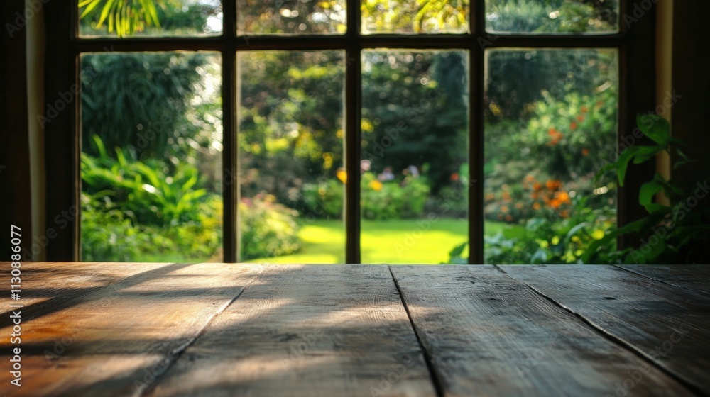 Aufkleber serene view - empty wooden table with foliage-framed window scene