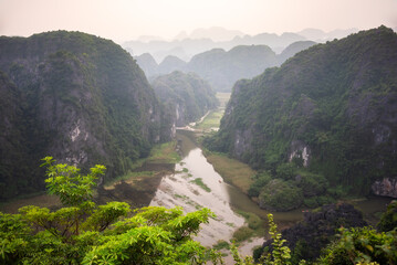 Aerial view to river among krast hills in Ning Binh, Vietnam