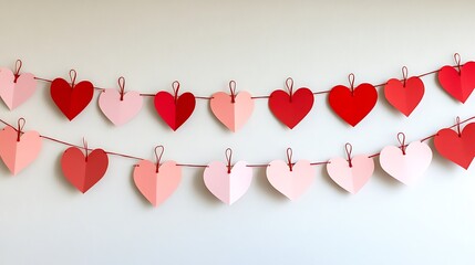 A wall decorated with heart garlands made from red and pink paper cutouts