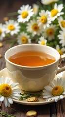 A warm cup of chamomile tea surrounded by fresh daisies on a wooden table exudes a calming and fragrant atmosphere