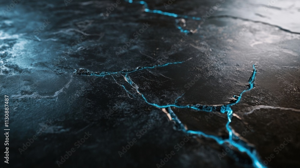 Poster textured surface with crack patterns and glowing blue highlights for abstract background design