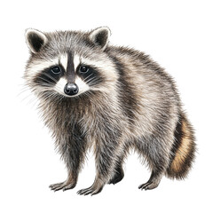 Fototapeta premium Realistic raccoon illustration with detailed fur and expressive eyes. This charming animal stands upright, showcasing its distinctive markings and bushy tail, evoking sense of curiosity and