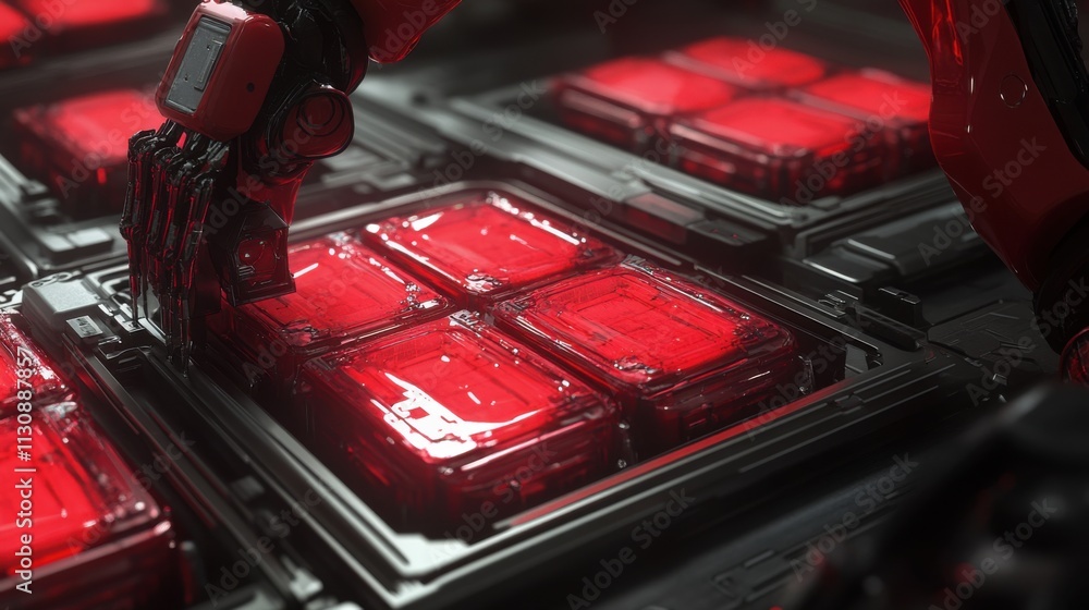Poster robotic hand handling futuristic containers in neon red lighting within high-tech warehouse environm