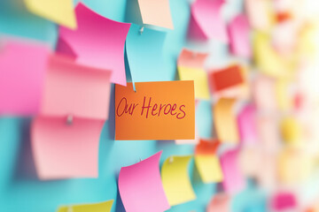 Community wall with thank-you notes titled "Our Heroes," honoring survivors with vibrant sticky notes, reflecting gratitude and resilience on Singles Awareness Day