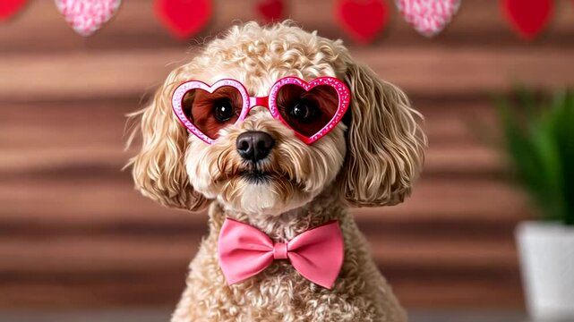 Adorable dog in heart-shaped glasses and pink bowtie represents Valentine's Day and love
