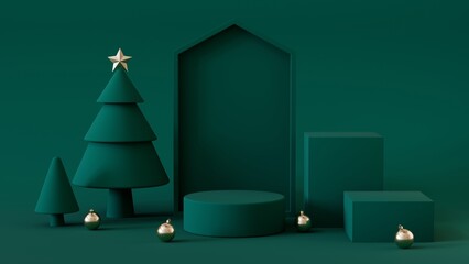 A minimalist Christmas scene with a dark green background, featuring geometric shapes, stylized trees, a golden star, and scattered golden ornaments for a modern festive touch. 3D rendering.