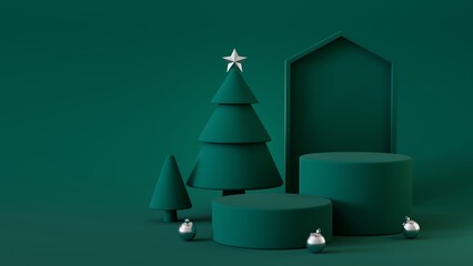 A minimalist Christmas scene with a dark green background, featuring geometric shapes, stylized trees, a golden star, and scattered golden ornaments for a modern festive touch. 3D rendering.