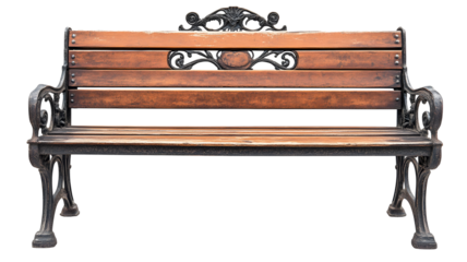 Wooden park bench with ornate metal design.