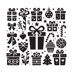 Set of Gift box black silhouette vector, christmas gift box illustration