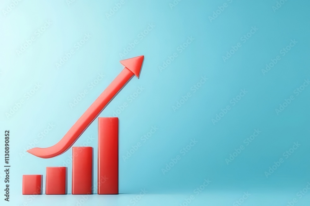 Poster red arrow soaring above increasing bar graph on light blue background.