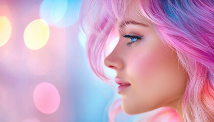Fototapeta premium A woman with vibrant pink and blue hair showcasing stylish look and confidence. colorful background adds dreamy atmosphere