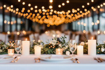Elegant table setting for a charity dinner fundraiser, adorned with candles and lush centerpieces