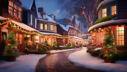 Naklejka premium Twinkling garlands on houses on New Year's Eve. Street of Houses decorated for Christmas.