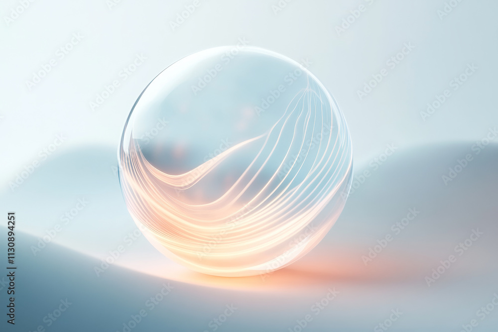 Poster a glowing abstract sphere with soft blue waves, creating a calm minimalistic aesthetic over a white 