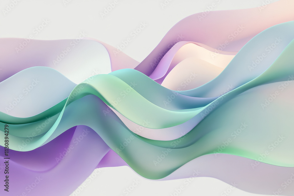 Poster a mesmerizing colorful wave pattern with soft gradients of green, purple, and pink, creating a smoot