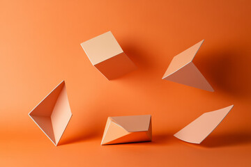Naklejka premium Floating geometric shapes in pastel orange hues harmoniously arranged on a warm orange background.