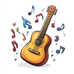 Naklejka premium A cartoon guitar playing itself while surrounded