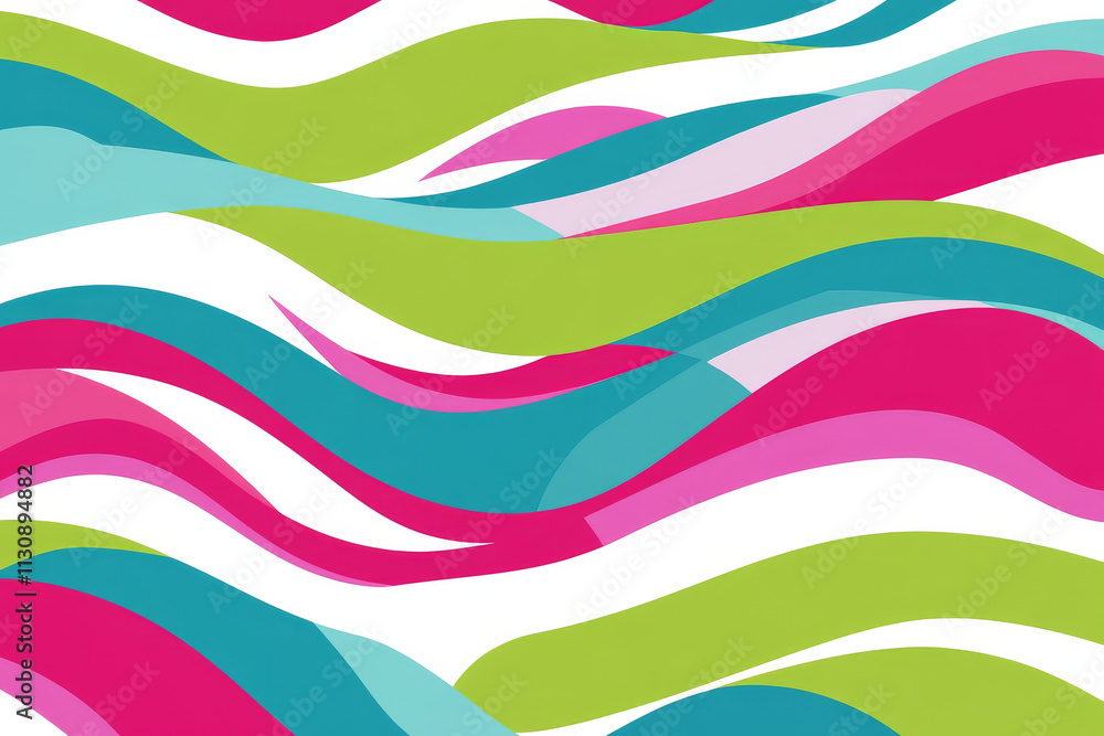 Poster multi-colored wave patterns in vibrant tones of lime green, fuchsia, and cyan, flowing dynamically o