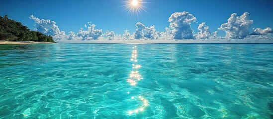 Obraz premium Idyllic tropical beach scene with crystal-clear turquoise water, bright sun, and fluffy white clouds.