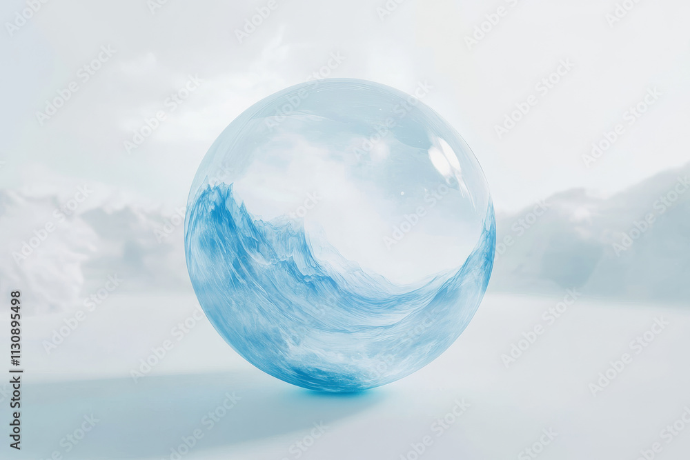 Poster a glowing abstract sphere with soft blue waves, creating a calm minimalistic aesthetic over a white 