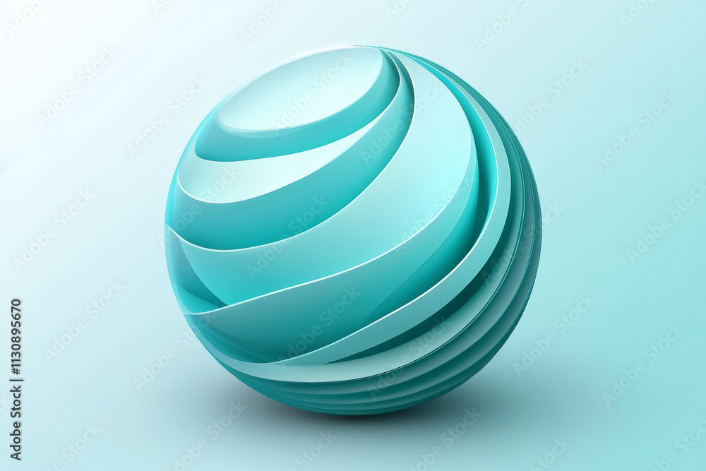 Poster a unique abstract sphere with teal waves, minimalistic and futuristic against a gradient light blue 