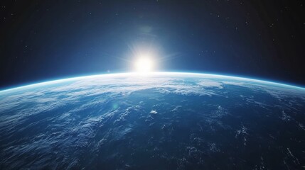 Fototapeta premium Planet Earth sunrise, space view, blue ocean, clouds.