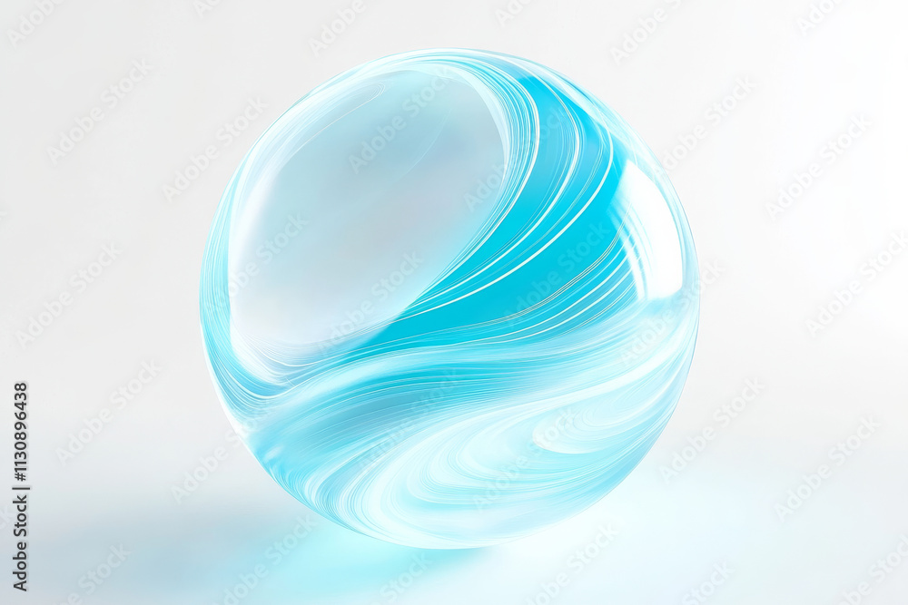 Poster a glowing abstract sphere with soft blue waves, creating a calm minimalistic aesthetic over a white 
