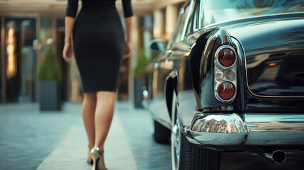 businesswoman elegantly dressed walks towards classic private car at hotel entrance, exuding confidence and sophistication