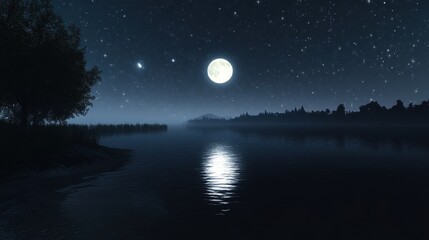Fototapeta premium Star-filled night sky with a full moon reflecting on serene waters, creating a peaceful and mystical landscape