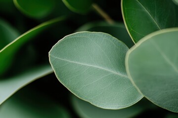 Obraz premium A close-up of a eucalyptus leaf reveals its smooth texture and subtle color variations, evoking a sense of calm and connection to nature.