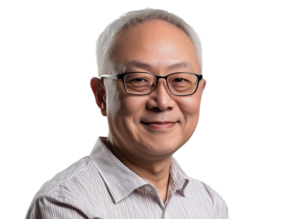 Asian elderly man with glasses smiling softly isolated on transparent background cutout