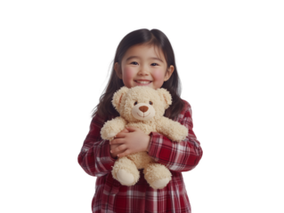 Asian girl child holding teddy bear and hugging it tightly isolated on transparent background cutout