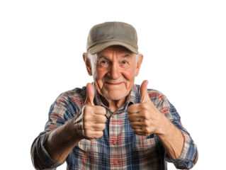 Caucasian senior man in baseball cap giving double thumbs-up isolated on transparent background cutout