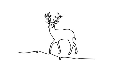 One continuous line drawing of Christmas reindeer, continuous single drawn one line Christmas deer drawn by hand picture silhouette, Continuous one line drawing of Christmas deer.