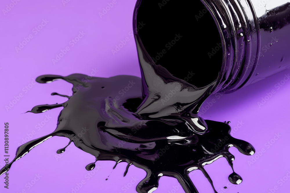 Poster black liquid spilling from a container on a vibrant lavender background, creating a dynamic and dram