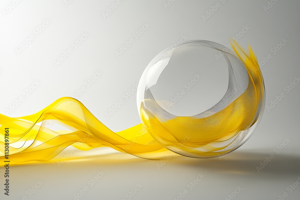 Poster a sleek abstract sphere with radiant yellow waves, creating a modern minimalistic vibe over a grey c