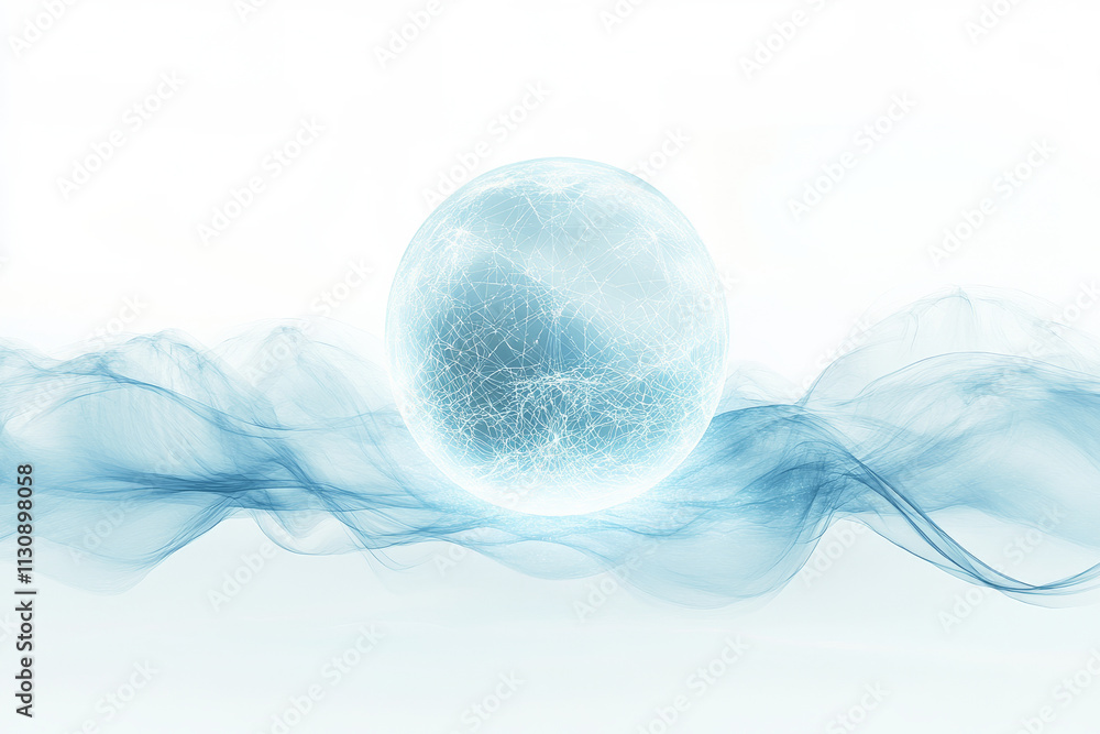 Poster a glowing abstract sphere with soft blue waves, creating a calm minimalistic aesthetic over a white 