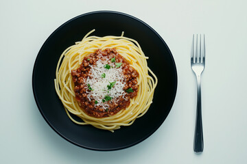 Fototapeta premium A black ceramic plate of Spaghetti Bolognese with a fork top down view.