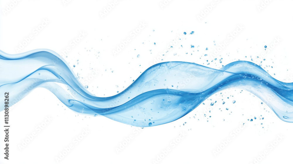Poster a flowing wave of blue water with splashes, creating a tranquil and refreshing visual effect.