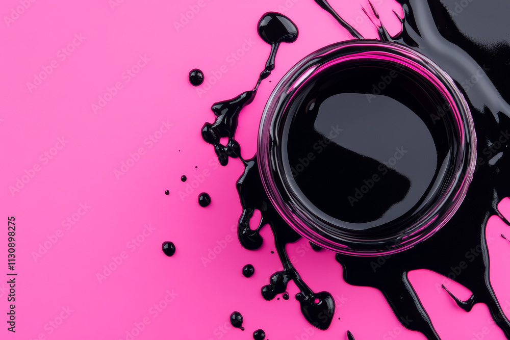 Poster black liquid spilling from a container on a vibrant pink background, creating a dynamic and dramatic