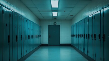 Obraz premium Empty School Hallway with Lockers and Dim Lighting Atmosphere
