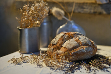 Artisan Bread with Wheat and Leaves