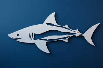Fototapeta premium Paper cut, tiger shark on deep blue background, dynamic forms and sharp contrasts, ocean predator theme.